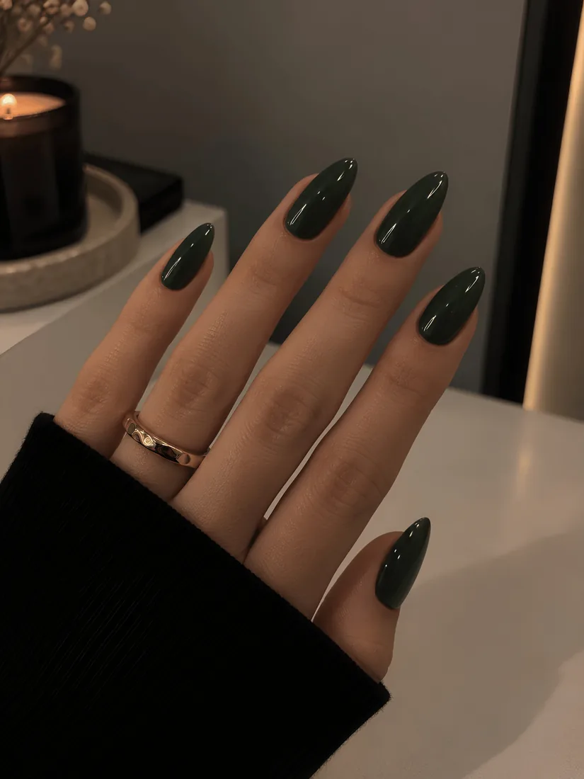Unhas verde-escuro amendoadas
