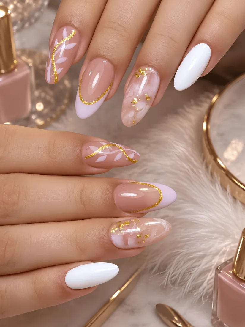 Nail art com detalhes dourados